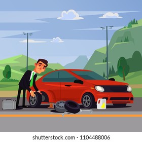 Office Worker Businessman Man Character Changing Fixing Car Wheel. Transportation Road Broke Problems Flat Cartoon Illustration Graphic Design Concept Element