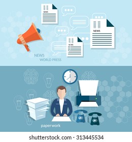 Office worker businessman paperwork document call help stock market reports analytics statistics vector banners 