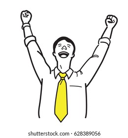 Office worker, businessman, raising hands and fists, with happy emotion, business concept in happiness, celebration, refreshment, or successful. Line sketching , doodle, hand draw, and simple style. 