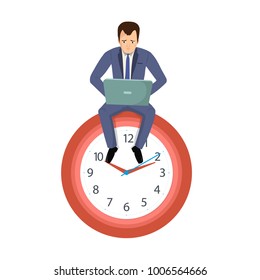 Office Worker Businessman Sitting On A Clock, Procrastinate, Dreams Wasting Time.