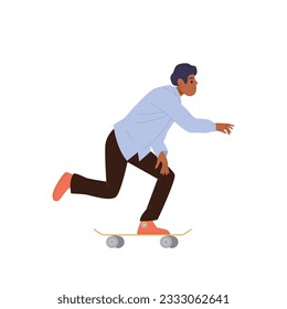 Office worker businessman skateboarder enjoying free time fast riding longboard isolated on white