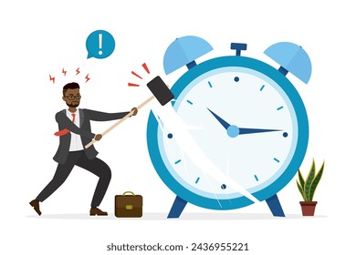 Office worker or businessman smashes big alarm clock using hammer. Burnout at work. Business stress, deadline. Dissatisfaction with work. Bad time management. Last call, final countdown. Flat Vector