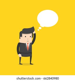 Office worker businessman standing and thinking. Speech bubble. Flat cartoon style. Vector illustration.