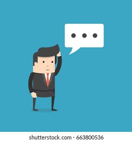 Office worker businessman standing and thinking. Speech bubble. Flat cartoon style. Vector illustration.