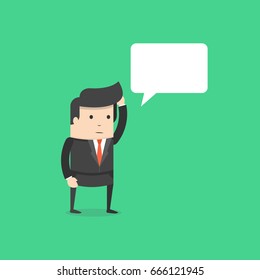 Office worker businessman standing and thinking. Speech bubble. Flat cartoon style. Vector illustration.