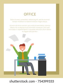 Office worker businessman at work vector of happy man sitting and desk with pile of books and throwing up his papers on white with frame for text