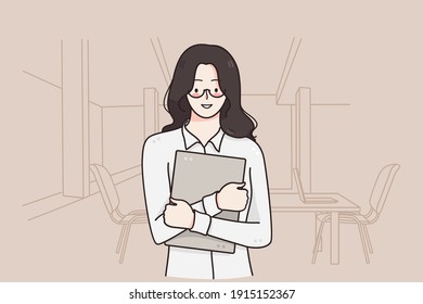 Office worker, businesswoman, career concept. Young smiling pretty woman cartoon character standing holding laptop in hands over office meeting room at background illustration 