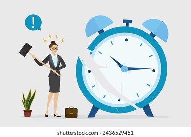 Office worker or businesswoman smashes big alarm clock using hammer. Burnout at work. Business stress, deadline. Dissatisfaction with work. Bad time management. Last call, final countdown. Flat Vector