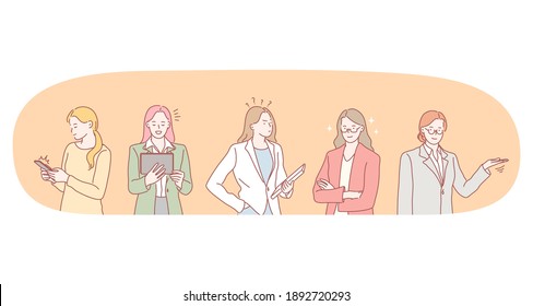 Office worker, businesswoman, using gadgets concept. Young women workers cartoon characters standing using tablet smartphones and pointing with hands aside vector illustration 