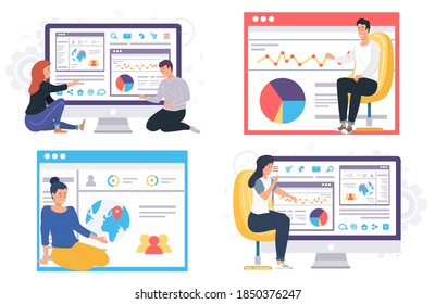 Office worker, businesswomen near information poster with digital indicators and charts. Report presentation statistical analysis, business lecture, educational video conference, online learning