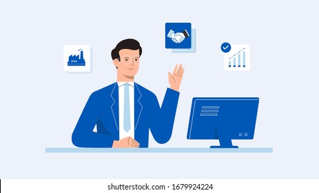 Office worker busy business man or freelancer or manager working on laptop sitting at table workplace thinking of task and
waving hello.