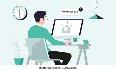 Office Worker Busy Business Man or Freelancer Working on Laptop Sitting at Table Workplace Thinking of Task. Freelance Outsourced Employee Occupation Brainstorm. Cartoon Flat Vector Illustration
