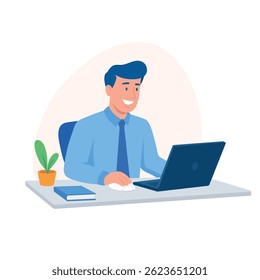 Trabalhador de escritório Ocupado Homem de negócios ou Freelancer Trabalhando no laptop Sentado na mesa Local de trabalho Pensando em tarefa. Debate sobre Ocupação de Funcionários Freelancers. Ilustração de vetor plano de desenhos animados