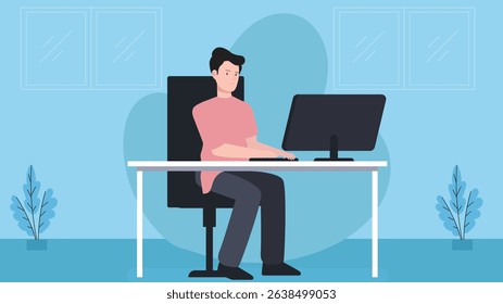 Office Worker Busy Business Man or Freelancer Working on computer laptop Sitting at Table Workplace Thinking of Task. Freelance Outsourced Employee Occupation Brainstorm.Vector Illustration
