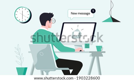 Office Worker Busy Business Man or Freelancer Working on Laptop Sitting at Table Workplace Thinking of Task. Freelance Outsourced Employee Occupation Brainstorm. Cartoon Flat Vector Illustration