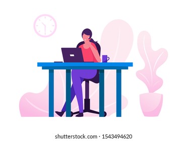 Office Worker Busy Business Woman or Freelancer Working on Laptop Sitting at Table Workplace Thinking of Task. Freelance Outsourced Employee Occupation Brainstorm. Cartoon Flat Vector Illustration