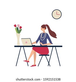 Office Worker Busy Business Woman or Freelancer Working on Laptop Sitting at Table Workplace. Freelance Outsourced Employee Occupation Brainstorm. Cartoon Flat Vector Illustration