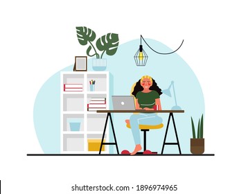 Office Worker Busy Business Woman or Freelancer Working on Laptop Sitting at Table Workplace Thinking of Task. Freelance Outsourced Employee Occupation Brainstorm. Cartoon Flat Vector Illustration