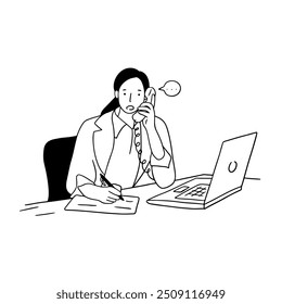 Trabalhador do Office chamando cliente, ilustração desenhada à mão