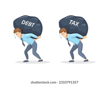 Empleado de oficina llevando una gran piedra con deuda y problemas financieros fiscales Símbolo de ilustración de caricatura Vector