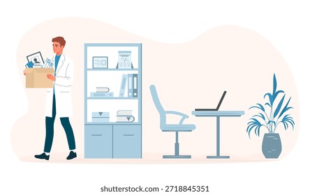 Büroangestellte, die Schachtel mit persönlichen Gegenständen trägt, die den Arbeitsplatz mit sichtbarem Schreibtisch, Stuhl und Regal verlassen