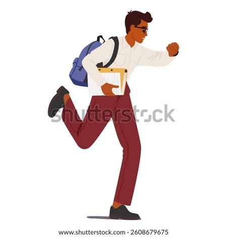 Office worker cartoon character being late looking at wristwatch running to job isolated on white background. Businessman rushing to urgent work being late on meeting deadline vector illustration