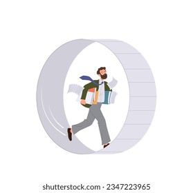 Office worker cartoon character overloaded with paperwork running fast trapped in rat race