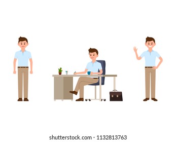 Office worker cartoon character. Writing, standing, waving manager 