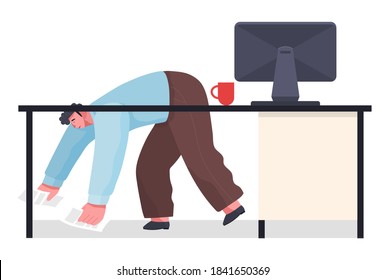 Office worker, cartoon man dropped documents on the floor. Desktop, monoblock, red cup of coffee. Chaos in office. Deadline. The man is nervous, collecting documents from floor. Flat vector image