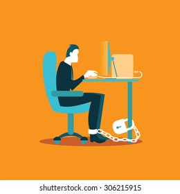 Office worker chained to a chair in the workplace. Illustration