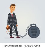 Office worker character with debt credit money weight. Vector flat cartoon illustration