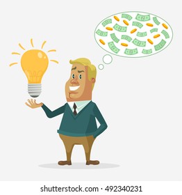 Office worker character have good idea make money. Vector flat cartoon illustration