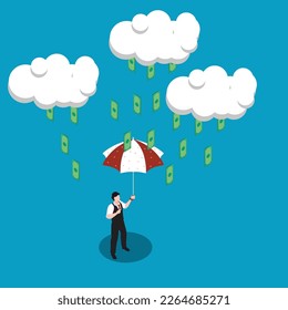 Office worker character hold umbrella and standing under money rain 3d isometric vector illustration concept for banner, website, landing page, ads, flyer template