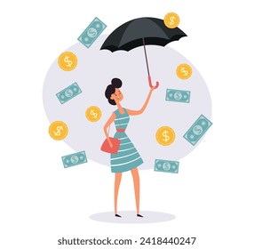 Office worker character hold umbrella and standing under money rain. Vector flat cartoon illustration