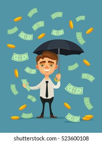 Office Worker Character Hold Umbrella And Standing Under Money Rain. Vector Flat Cartoon Illustration