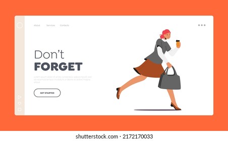 Office Worker Character Hurry Landing Page Template. Running Girl with Disposable Coffee Cup in Hand Late at Work or University due to Oversleep or Traffic Jam. Cartoon People Vector Illustration