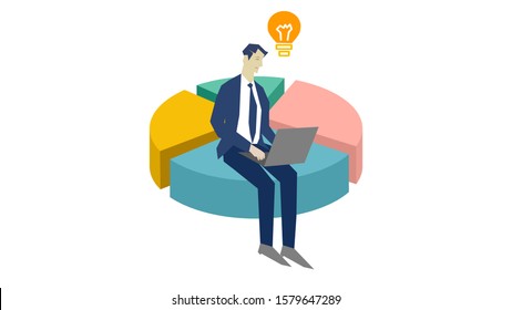 Office worker character presentation idea with notebook sitting on Pie graph Concept, business and statistic data, accounting infographic, Digital marketing growing,easy to use and highly customizable