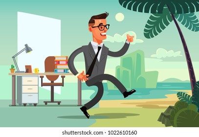 Office worker character run to vacation. Vector flat cartoon illustration