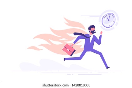 Carácter de trabajador de oficina corriendo con la espalda en llamas. Hora límite y hora punta.Ilustración vectorial.