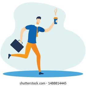 Office Worker Character Running with Takeaway Coffee. Overworked Cartoon Executive Manager Rushing to Job Drink on Go. Work Break. Lack of Time. Hurrying People. Busy Life. Vector Flat Illustration