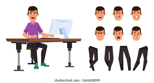 Conjunto de caracteres de trabajador de Office. personaje de niño trabajador casual para animación o movimiento con diferentes emociones faciales y manos