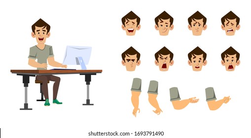 Office worker character set. casual worker man character set for animation or motion with different facial emotions and hands