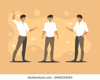 Carácter de trabajador de oficina. Tres hombres están conversando. Empresarios discuten estrategia de negocios