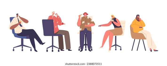Office Worker Characters Hurriedly Munch On their Foods Sitting on Chairs Isolated on White Background, Vector