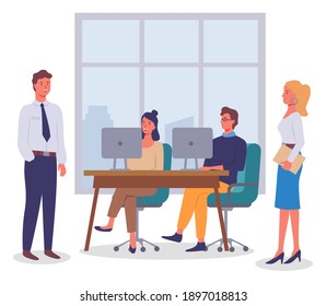 Office worker characters meeting concept. Businessman talking to colleagues siting at the desk with computer. Business people talking communication, discuss project, participate in business training