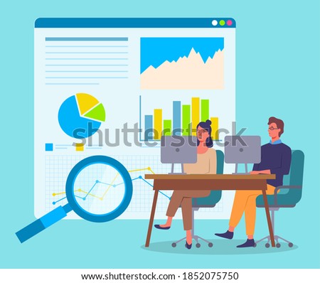 Office worker characters meeting concept. Businessman talking to colleagues sitting at the desk with laptop. Business people talking communicating, discussing project report with digital data charts