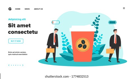 Office worker charging his battery with coffee energy. Business man walking near takeaway coffee cup. Flat vector illustration for caffeine addict, stress, coffee shop concept