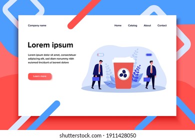 Office worker charging his battery with coffee energy. Business man walking near takeaway coffee cup. Flat vector illustration for caffeine addict, stress, coffee shop concept
