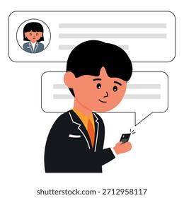 Trabalhador de escritório conversando ilustração vetor online de empresário com plano de fundo de bolha de bate-papo