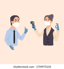 Office worker checks the body temperature of colleague.COVID-19 Coronavirus. Vector hand drawn illsutation.Cartoon style. Flat design.